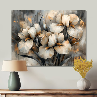 Jaune gris Irise Desire II - reproduction d'art traditionnelle en métal, iris, art mural en métal