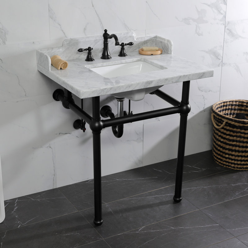 Kingston Brass Pemberton 30-Inch Carrara Marble Console Sink with Brass Legs (8-Inch, 3-Hole), White/Matte Black