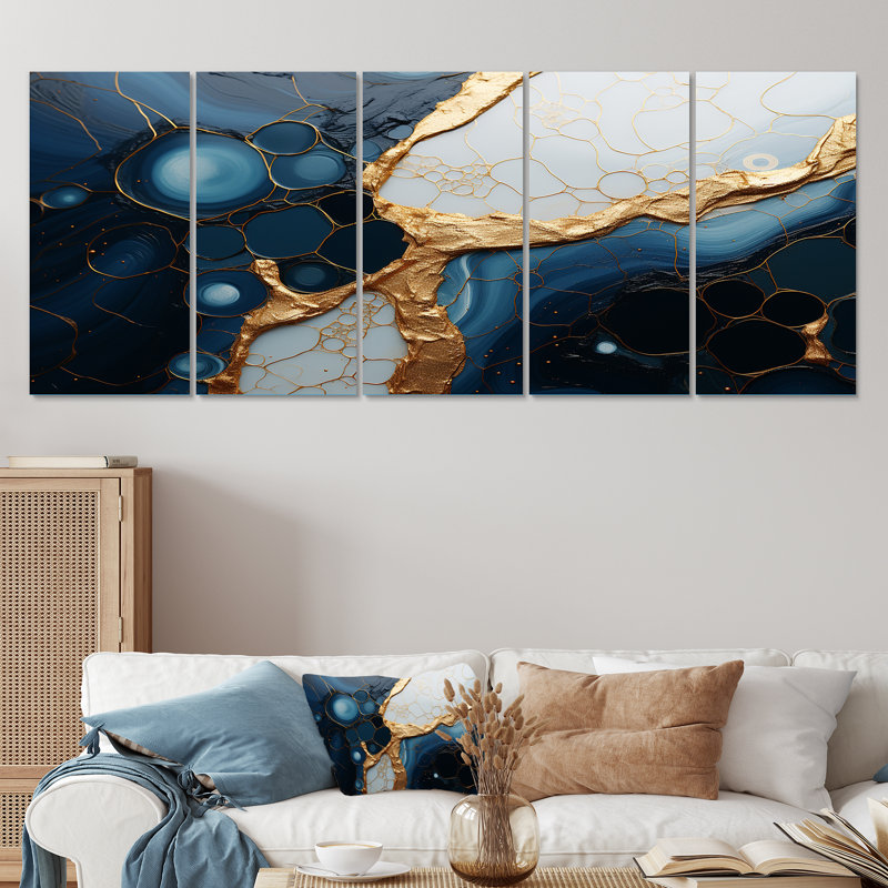 Ensemble de 5 décorations murales en marbre doré et bleu Essence Magic II - marbre abstrait, H 32 po x l 80 po