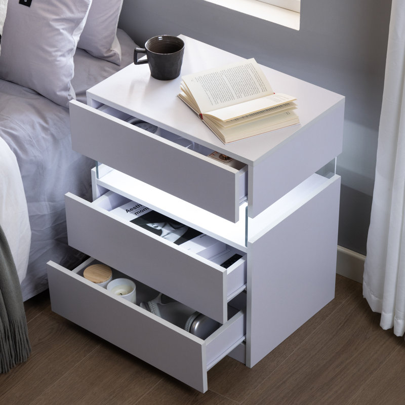 Commode 3 tiroirs pour table de chevet avec tables en acrylique à DEL Nightstands, Blanc