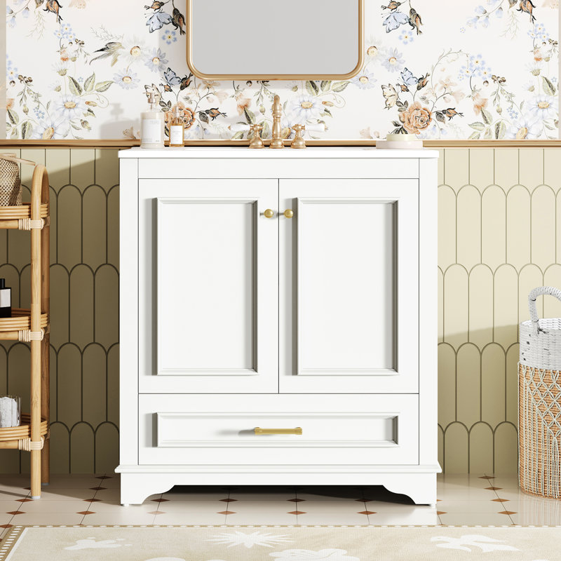 Meuble-lavabo de 76 cm avec lavabo en céramique, deux armoires et un tiroir - Design blanc moderne pour petites salles de bain, dispositif anti-déversement, quincaillerie stable, étagères réglables et rails de rangement coulissants.