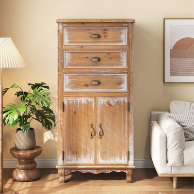 Rustic Wooden Storage Cabinet With Decorative Cutout Door & 3 Drawers, Tall Narrow Organizer For Living Room, Bedroom