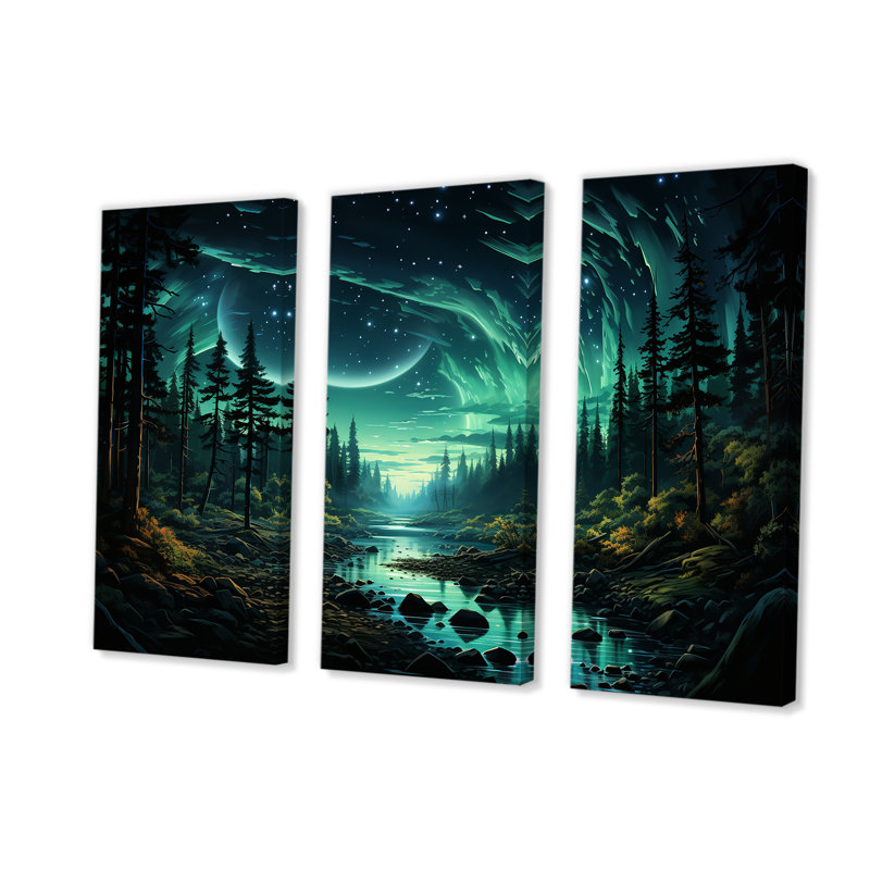 Northern Lights Forest Dreams I - forêt et rivière, art mural, Toile tendue, H 28 po x l 36 po