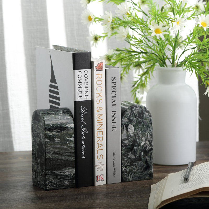 Ensemble de 2 serre-livres en marbre naturel, porte-livre moderne en pierre pour décoration de bibliothèque, Vert / noir
