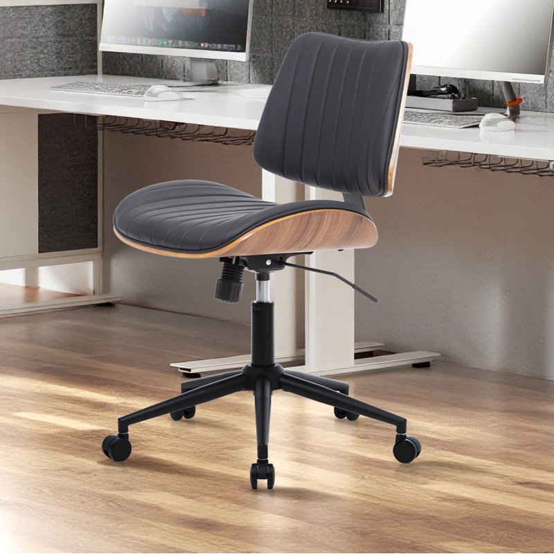 Mid-Century Modern Swivel Office Chair – Faux Leather Seat with Bentwood Back & Base, Black