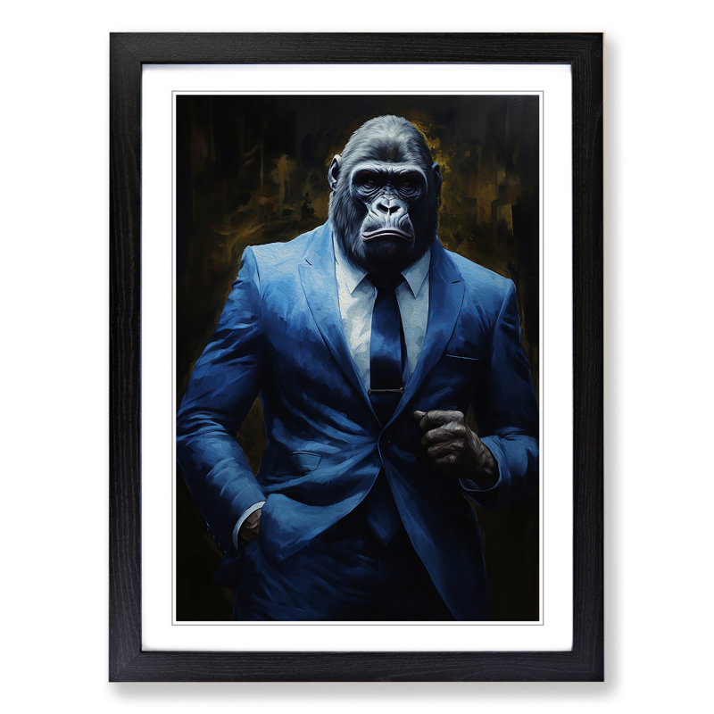 Gorilla in a Suit Painting - Framed Print, 34cm H x 25cm W, Black Framed