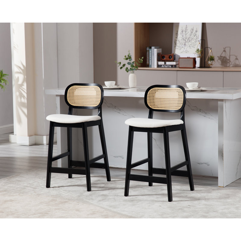 Tabouret de comptoir en bois massif de 25,5 po Azarah, Noir, Lin - Beige