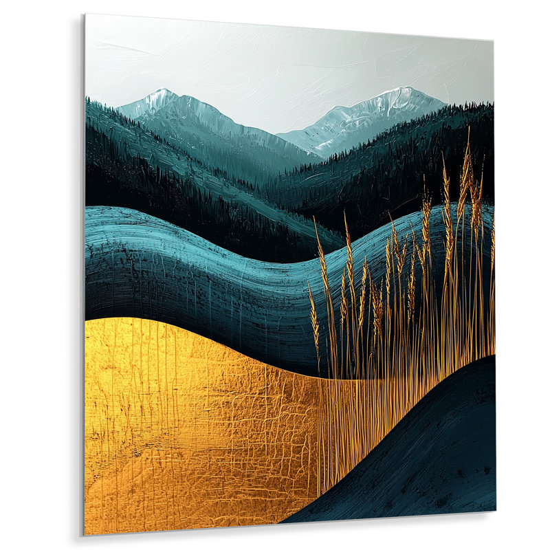 «Quiet Bold Mountain In Emerald Gold Harmony IV», art mural en métal, H 40 po x l 30 po