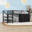 Lit mezzanine simple bas en métal avec tiroirs en tissu, lumières et escalier de rangement-870280863