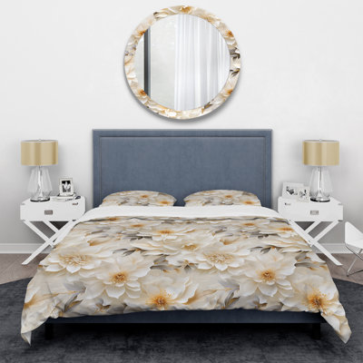 Motif bohème de fleurs de chrysanthème blanc - ensemble de housse de couette floral - polyester microfibre