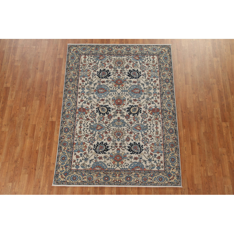 Tapis ivoire en laine noué à la main de conception unique 5 pi x 6 pi 10 po New Age