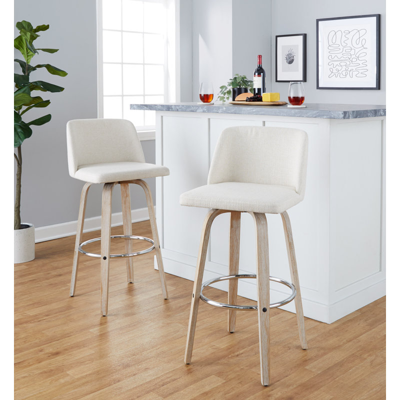 Tabourets de bar 30 po à hauteur fixe Thea avec pieds en bois cintré et repose-pieds rond Thea, Blanc délavé / chrome