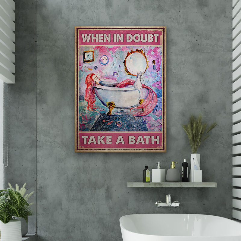«Pink Mermaid - When In Dououte, Take A Bath», toile tendue avec châssis - salle de bain et buanderie, rose et blanc