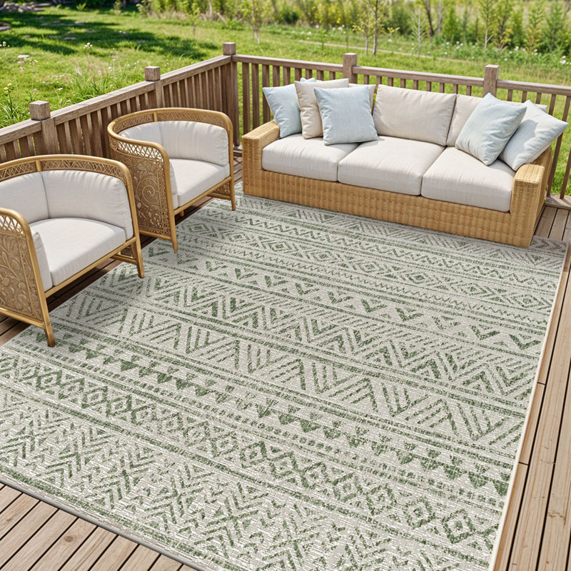 Green Modern Shaggy Outdoor Rug, Geometric Easy to Clean Rug For Patio, Balcony, Decks & Garden, Rectangle 130 x 180cm