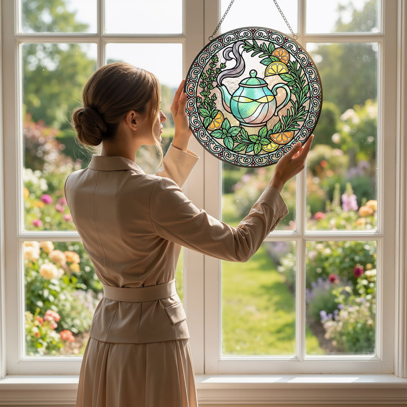Panneau de vitrail en verre teinté avec théière, H 12 po, H 12 po