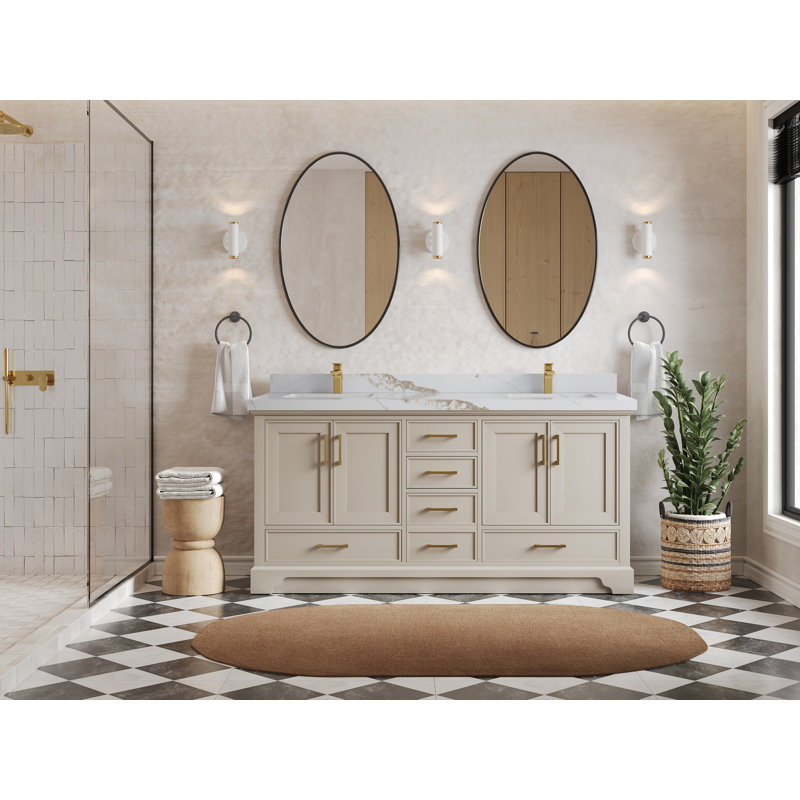 Meuble-lavabo double 72 po avec plateau Charlotte, Or Calacatta