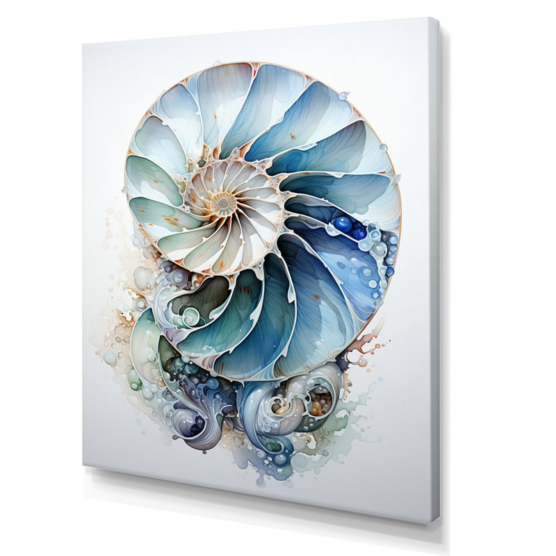 Nautilus Ocean Blue Sheels Symetry - Nautilus, art mural, H 40 po x l 30 po, Toile tendue, Sans cadre
