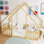 Lit simple en bois en forme de maison avec clôture, garde-corps, naturel-905355586-905355589