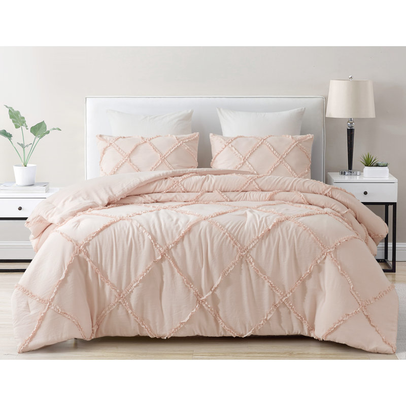 Vivian Soft Washed Microfiber Ruffle Comforter Set, Queen Comforter + 2 StandardShams, Blush