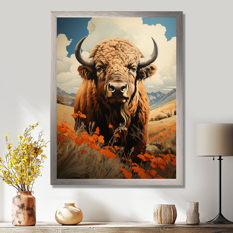 Buffalo Majestic Bison Pastoral III - Bison, art mural encadré, H 32 po x l 24 po x P 1 po, Cadre flottant brun