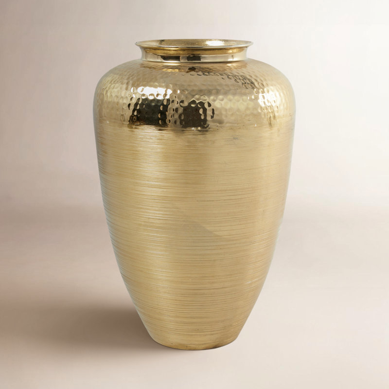 Aluminum Metal Brushed Decorative Gold Vase with Hammered Top, 18" H x 11.85" W x 11.85" D