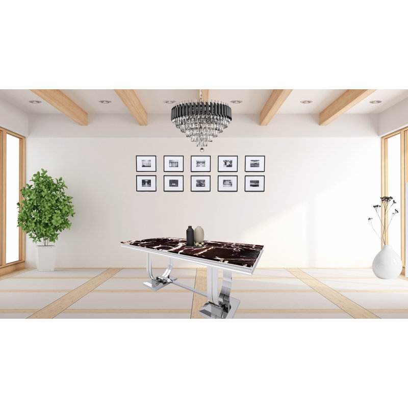 Ensemble de table de salle à manger en marbre noir de luxe avec 6 chaises de 47 po et base en acier inoxydable, Argent argent