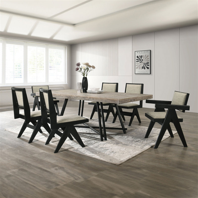 Ensemble de salle à manger contemporain 7 pièces en bois d'hévéa avec 2 fauteuils et 4 chaises d'appoint