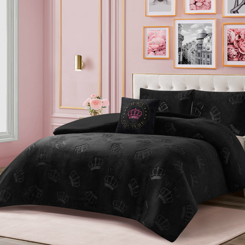 Juicy Couture Embossed Plush Crown Comforter Sets, King + 3 Additional Pieces, Black