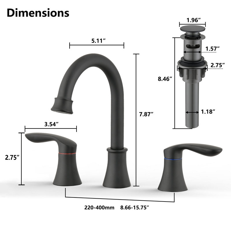 Widespread Bathroom Faucet With Pop Up Drain, Matte Black