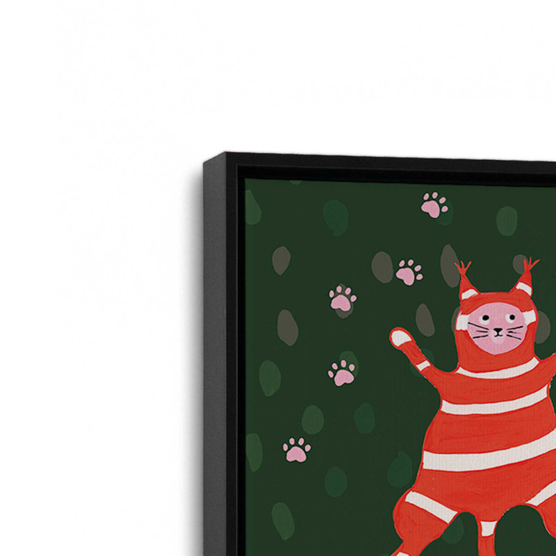 «Mischief Kitty Christmas I» par Yvette St. Amant, reproduction d'art sur toile, H 12 po x l 18 po, Cadre flottant, Noir