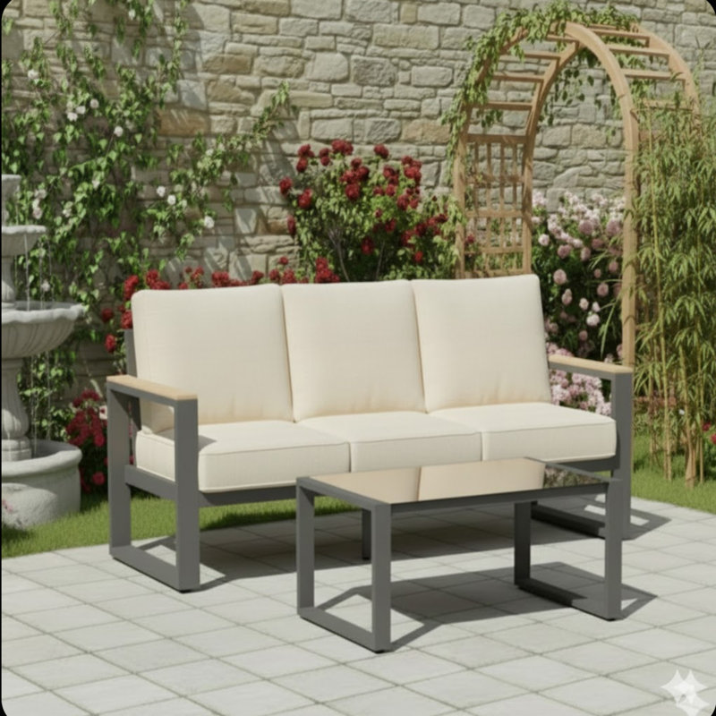 2-Piece 3-Seat Outdoor Sofa Couch Set, Beige