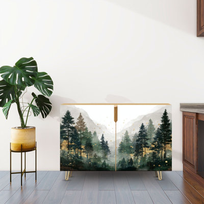 Sideboard Buffet Cabinet with Storage Watercolor Forest Landscape with 2 Doors for Living Room and Kitchen