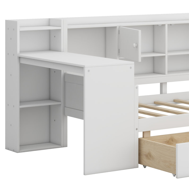 Wooden L-Shape Daybed With Storage Cabinets And Two Storage Drawers, Multi-Functional Bed With Study Desk And Built-In Bookshelf