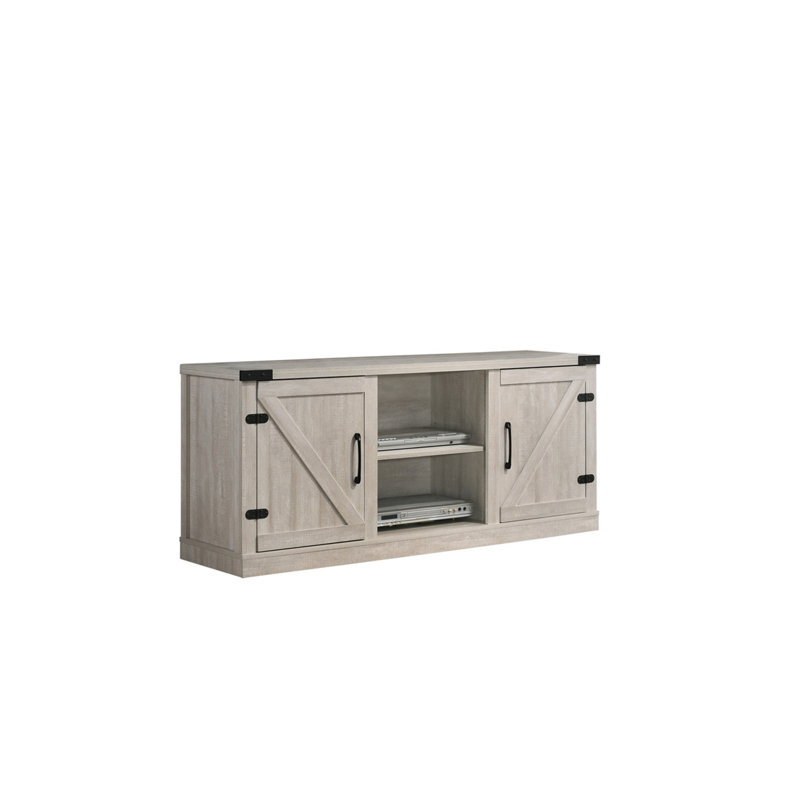 Meuble télé avec armoires de style grange et tablettes ouvertes gris cendré