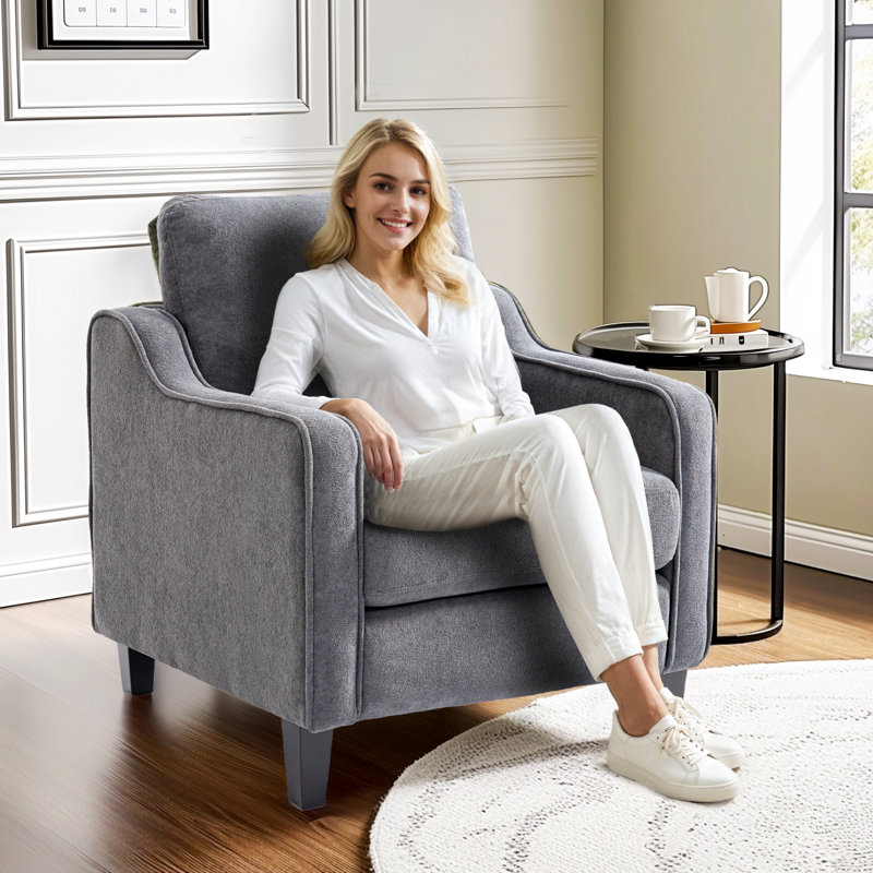 Chaise d'appoint en chenille de style Mid-Century avec dossier rembourré et housse amovible, Gris