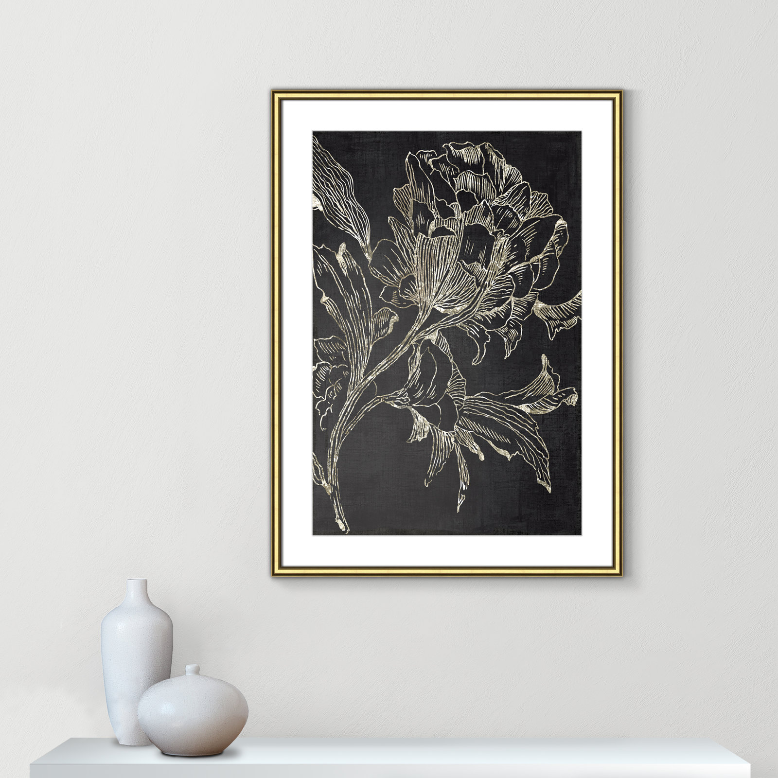 Golden Flower Folklore I by Asia Jensen - Picture Frame Graphic Art Print, 36.75" H x 26.75" W, Gold Framed
