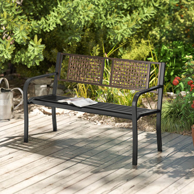 50" Outdoor Metal Park Bench With Rattan-like Backrest & Curved Armrests by Ebern Designs
