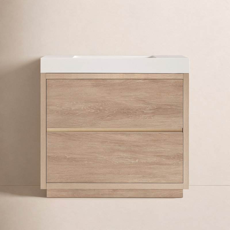 Beira Single Bathroom Vanity with Composite Top, North American Oak, White, 36"