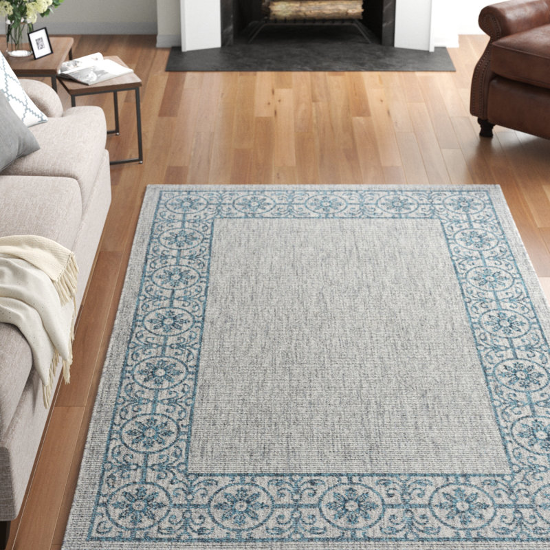 Tapis intérieur / extérieur gris clair / bleu sarcelle Turnham, Rectangle 5 pi 3 po x 7 pi 3 po