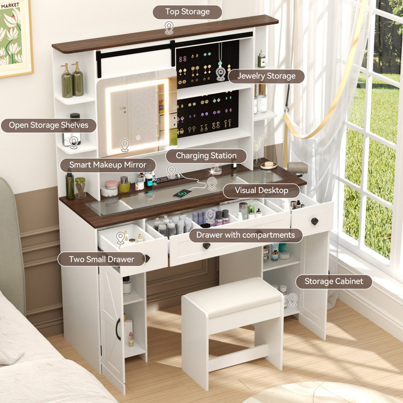 Farmhouse Wooden Vanity Desk With Lighted Sliding Mirror, Barn Door Cabinets, Glass Top, Drawers, Storage, And Stool, White & Brown