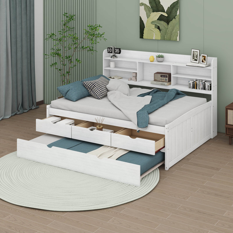 Brona Full Size Wooden Captain Bed with Built-in Bookshelves, Three Storage Drawers and Trundle, White