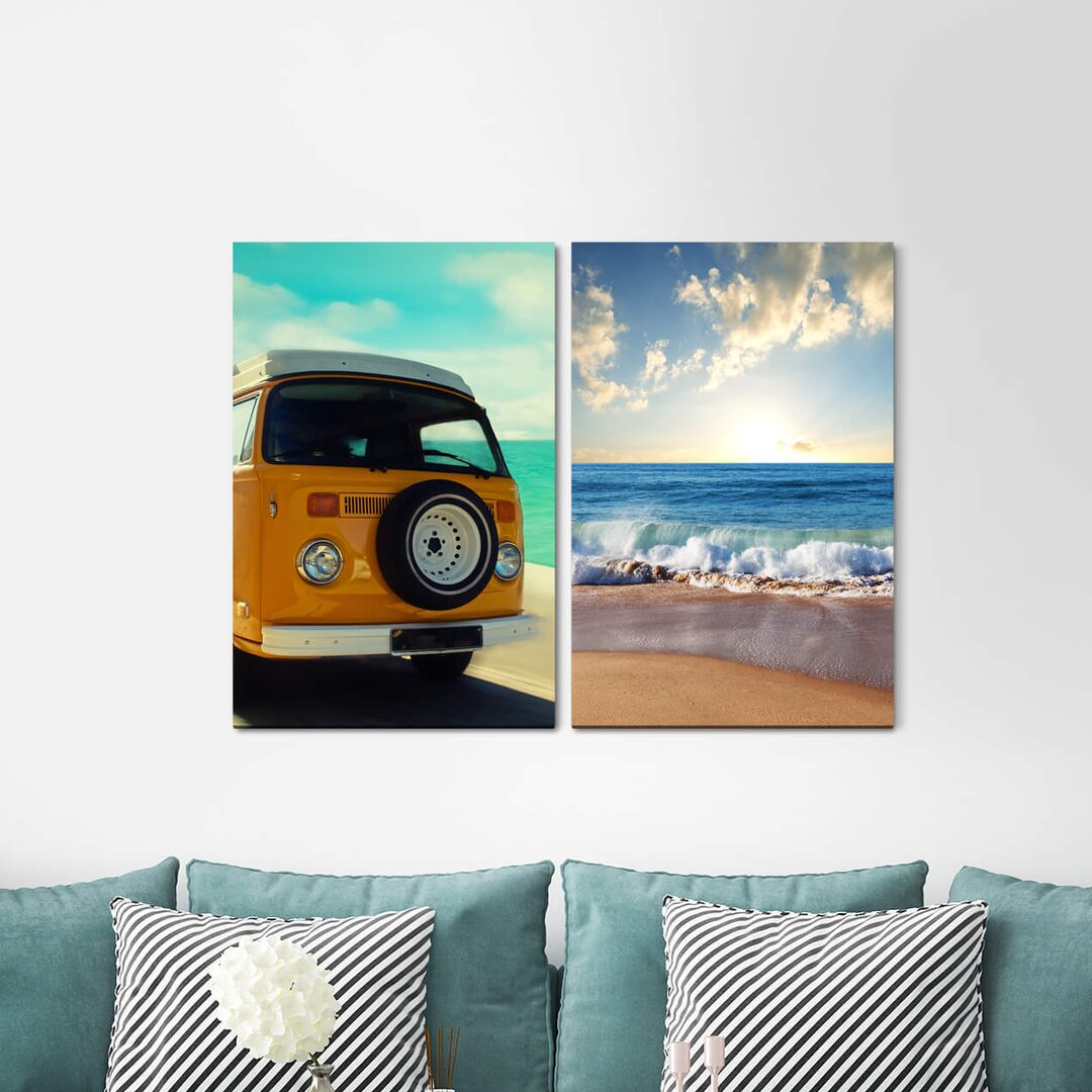 2-tlg. Leinwandbilder-Set - Fotografie „Bus T2 Hippie California Sunshine Sea Sand Beach”