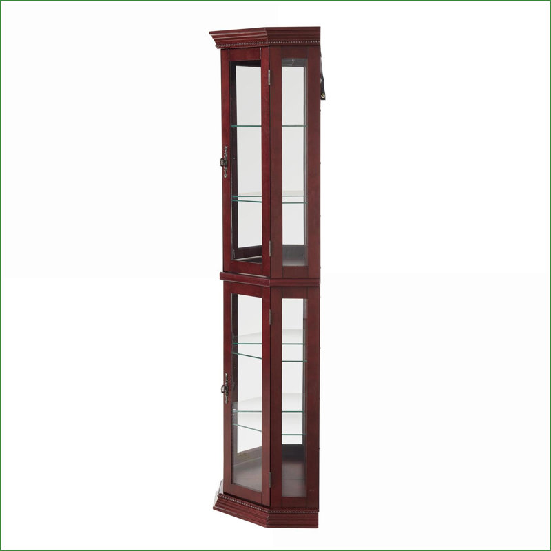 Curio Cabinets | Lighted with Adjustable Tempered Glass Shelves, Mirrored Back, Walnut Brown Finish | Traditional | Corner