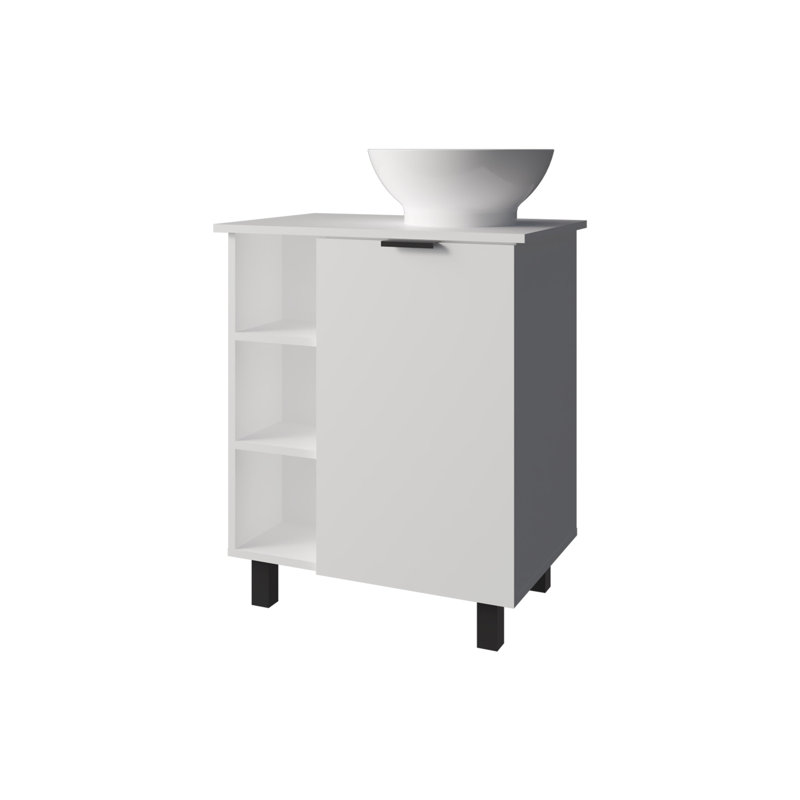 Meuble-lavabo blanc, une porte et 8 tablettes, look épuré, supporté par une porte à pieds stables, huit unités, esthétique, quatre solides