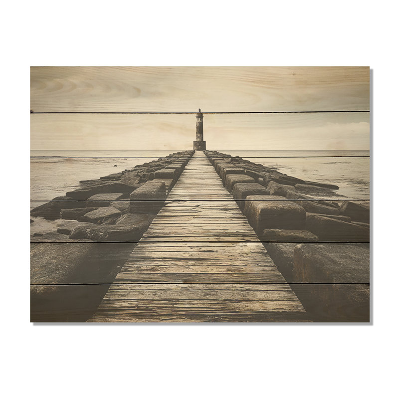 Black And White Pier Horizon - Coastal Pier Wood Wall Art On Natural Pine Wood, 30" H x 40" W