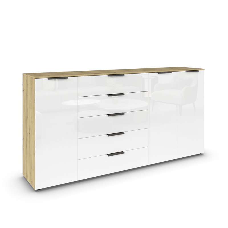 5 - Drawer Chest of Drawers, Artisan Oak/White Glass/Graphite