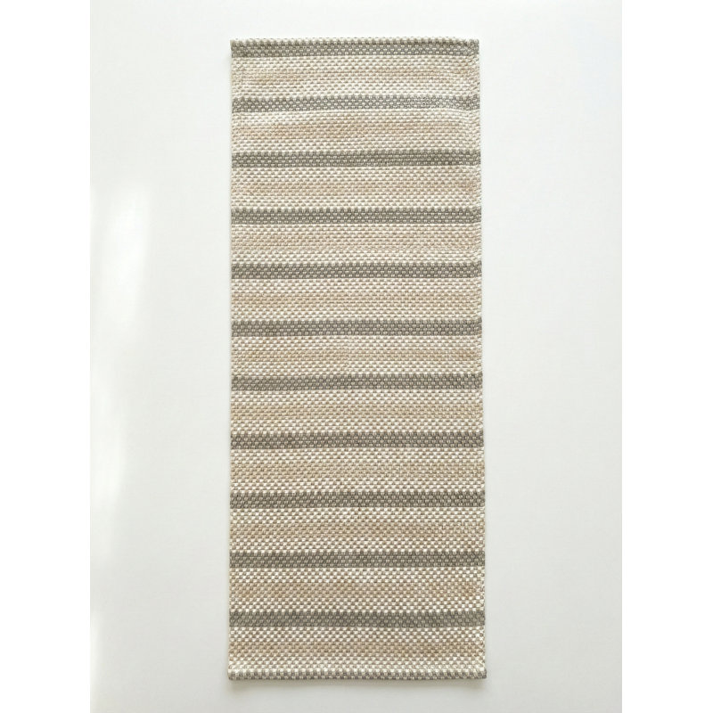 Sandy Beige Marina Stripe Indoor Outdoor Table Runner 14x72, Classic Gray