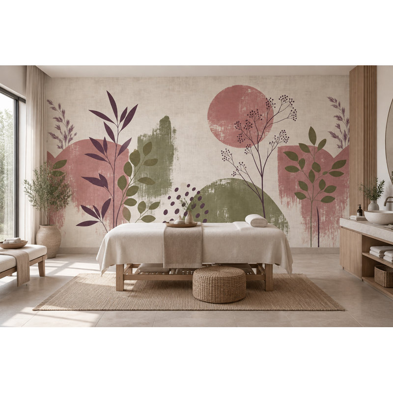 Papier peint mural à motif abstrait de tiges botaniques, texture lin, 140"x108", Peel and Stick