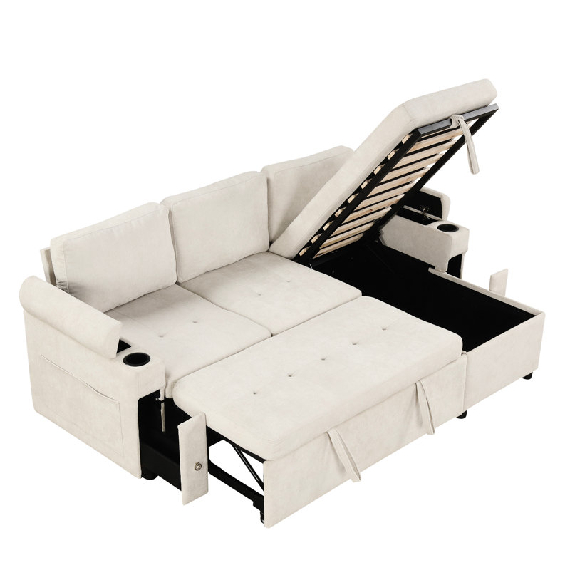 Convertible avec rangement dissimulé, porte-gobelets, ports, tiroirs de rangement modulaires en chenille beige,