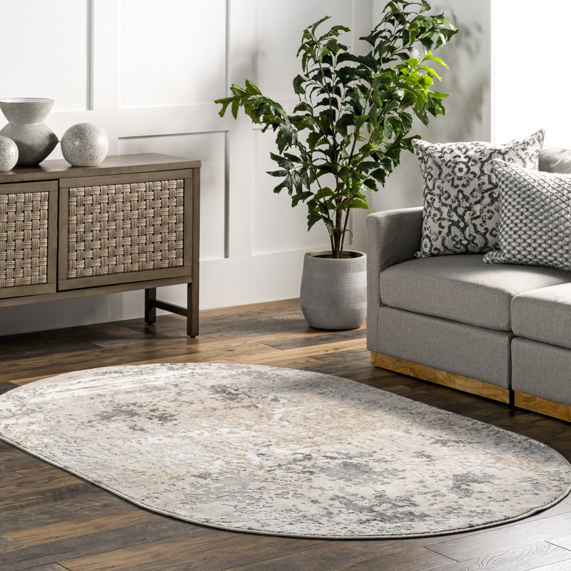 Tapis beige moderne tissé à la machine, Ovale 5 pi x 8 pi
